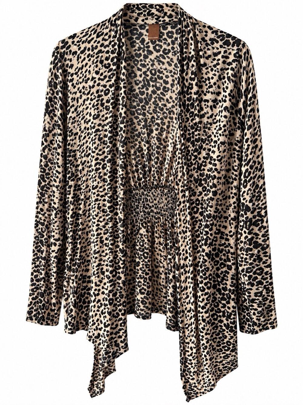 Women’s 2X Leopard Print Cardigan Long Sleeve Smocked Waist Open Front Stretch